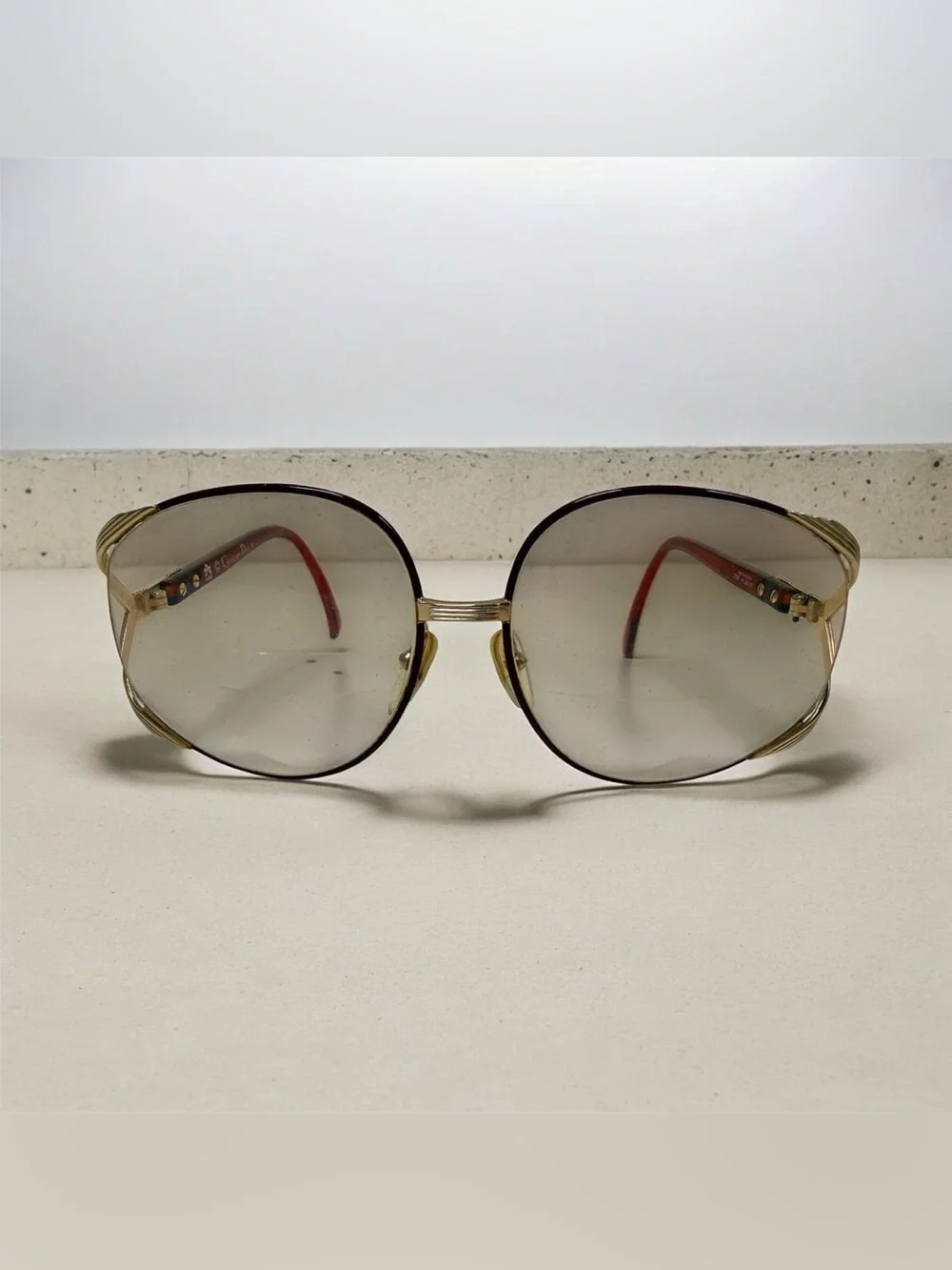 Vintage 70’s Large Christian Dior Gold Frame Glasses with Red Temples